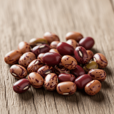 A handful of uncooked Rice Bean beans (beans) scattered on a rustic wooden surface, photographed in natural light to emphasize their variety and color