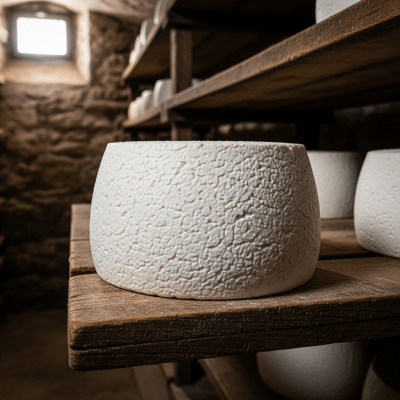 A whole wheel or block of Ricotta, shown in an artisanal cellar or aging environment typical for this cheese