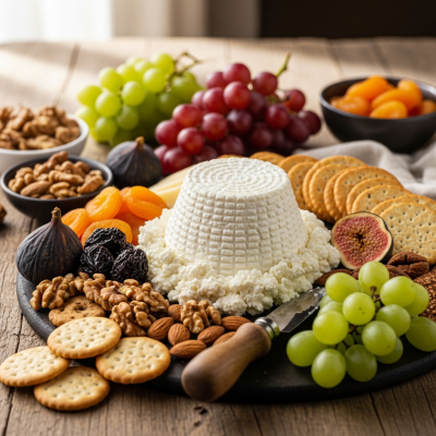 A serving of Ricotta arranged as part of a traditional cheese platter with fruits, nuts, and crackers