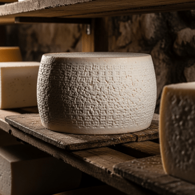 A whole wheel or block of Ricotta Salata, shown in an artisanal cellar or aging environment typical for this cheese