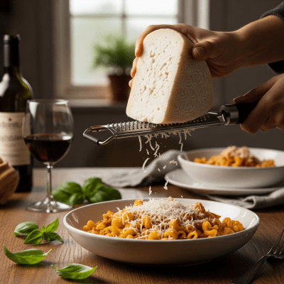 A piece of Ricotta Salata being used in a classic culinary preparation or dish where it is commonly featured