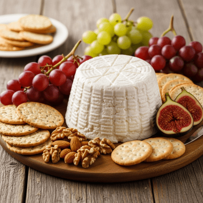 A serving of Ricotta Salata arranged as part of a traditional cheese platter with fruits, nuts, and crackers