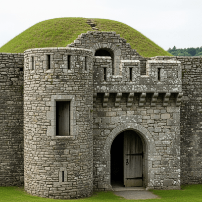 A close-up image focusing on unique architectural details of a Ringwork Castle, from the castles taxonomy