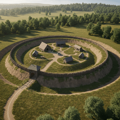 A bird's-eye view rendering of a Ringwork Castle, classified in the castles taxonomy