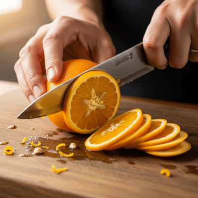 A realistic depiction of a Riverside Navel Orange from the oranges taxonomy being used in a culinary context, such as being sliced on a cutting board or prepared for juice