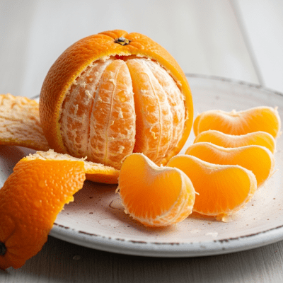 Editorial-style image of a freshly peeled Riverside Navel Orange from the oranges taxonomy arranged appealingly on a simple plate or surface.