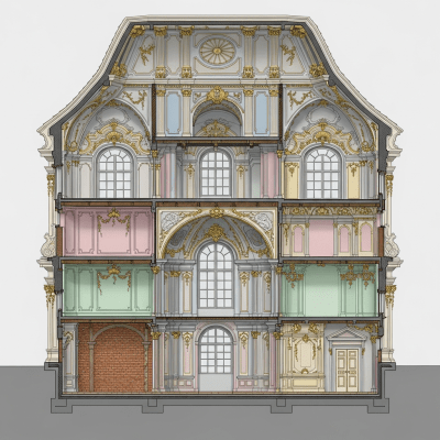 Detailed cross-sectional illustration or cutaway view showing the internal layout and key structural elements of the Rococo (architecture)