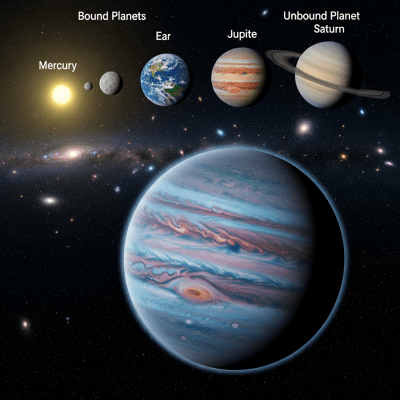 Illustration of a Rogue planet (planets) as it might appear in an educational context, with canonical example planets shown nearby for reference