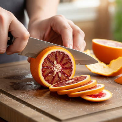A realistic depiction of a Rohde Red Valencia Orange from the oranges taxonomy being used in a culinary context, such as being sliced on a cutting board or prepared for juice
