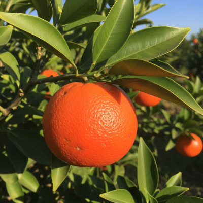 A naturalistic scene featuring a Rohde Red Valencia Orange from the oranges taxonomy growing on a tree with leaves and branches visible