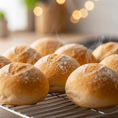Photograph of freshly baked Roll, cooling on a wire rack