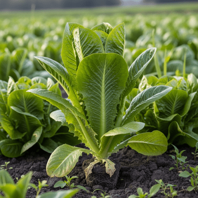 Naturalistic photograph of Romaine Lettuce growing in a field or garden, representing its environment as part of the taxonomy lettuce