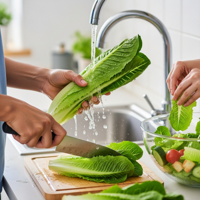 Photograph of a diverse pair of hands preparing or serving Romaine Lettuce in a kitchen setting