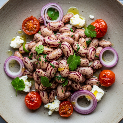 Image of cooked Roman Bean (beans) presented as part of a traditional dish or cuisine, plated attractively and photographed from above