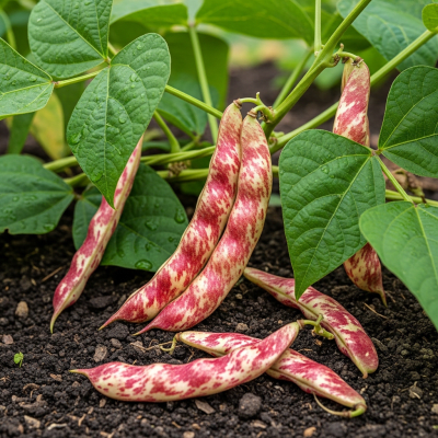 An image of Roman Bean, belonging to the taxonomy beans, displayed in its natural environment—such as growing on a plant or vine, surrounded by leaves and soil
