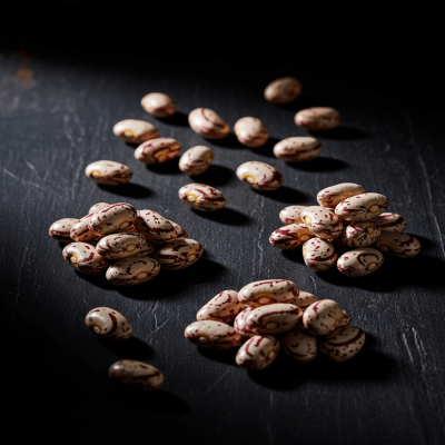 Editorial-style photograph of Roman Bean, part of the taxonomy beans, arranged aesthetically on a dark background with dramatic lighting to highlight its shape and color.