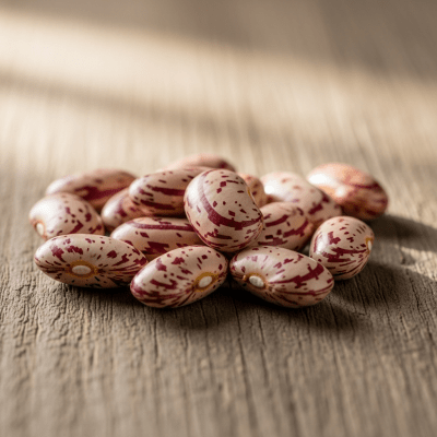 A handful of uncooked Roman Bean beans (beans) scattered on a rustic wooden surface, photographed in natural light to emphasize their variety and color