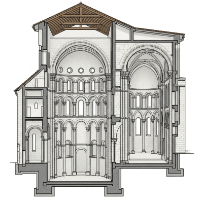 Detailed cross-sectional illustration or cutaway view showing the internal layout and key structural elements of the Romanesque (architecture)