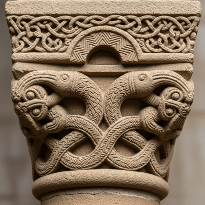 Close-up detail shot of a distinctive feature or ornamentation from the Romanesque (architecture), showing material texture, craftsmanship, or unique design elements