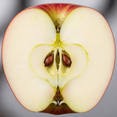 A close-up image showing a cross-section of a Rome of the taxonomy apples, sliced cleanly in half to reveal internal structure, seeds, and flesh