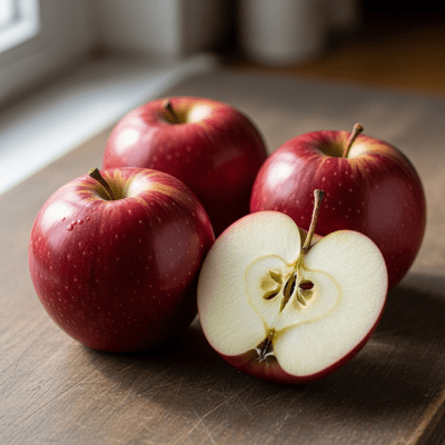 A simple arrangement showing several whole and one cut-open Rome, displayed on a wooden surface