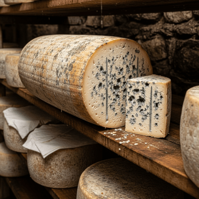 A whole wheel or block of Roquefort, shown in an artisanal cellar or aging environment typical for this cheese