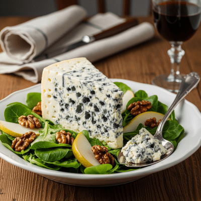 A piece of Roquefort being used in a classic culinary preparation or dish where it is commonly featured