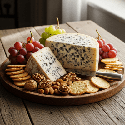 A serving of Roquefort arranged as part of a traditional cheese platter with fruits, nuts, and crackers