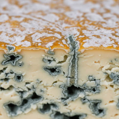 A close-up macro photograph of the rind and surface texture of a Roquefort