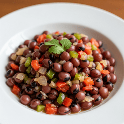 Image of cooked or prepared Rosary Pea (legumes) as it appears in a traditional dish or common culinary usage, presented on a clean plate with minimal garnish
