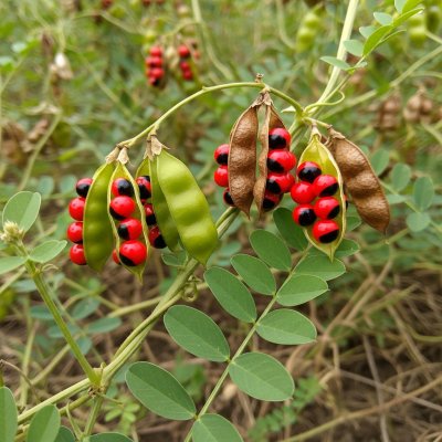 Photograph of the Rosary Pea (legumes) growing naturally on its plant in an outdoor agricultural or garden setting, showing leaves, pods, and surrounding soil or greenery