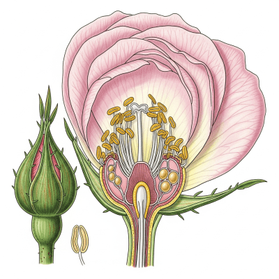 Cross-sectional illustration of a Rose (flowers), showing internal parts such as stem, petals, and reproductive organs