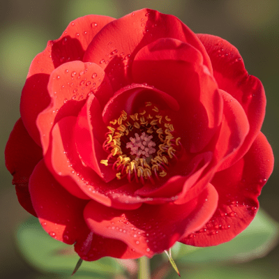 Detailed macro image of a Rose (flowers), focusing on the intricate structure of petals, stamens, and pistil