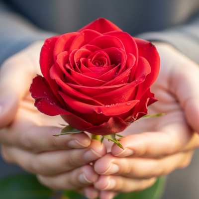 Photograph of a Rose (flowers) being held or interacted with by a person in a gentle way