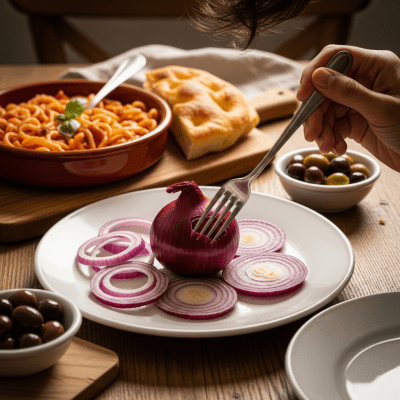 A cultural representation of a Rossa di Milano onion (onions) featured in a traditional dish or meal setting