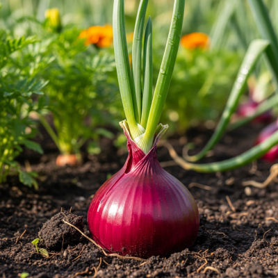 A photograph of a Rossa di Milano onion (onions) in its natural environment or growing in soil