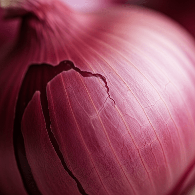 A macro photograph highlighting the surface texture and skin details of a Rossa di Milano onion