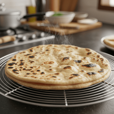 Photograph of freshly baked Roti, cooling on a wire rack