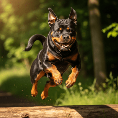 Full body action shot of a Rottweiler