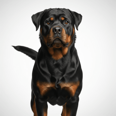 High quality studio photograph of a single Rottweiler
