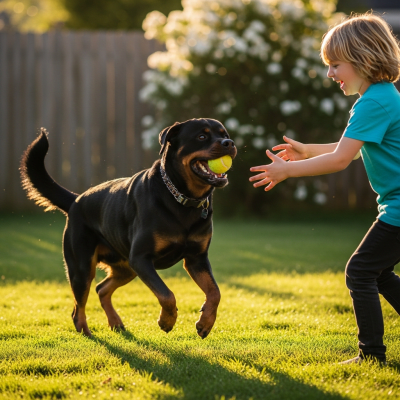 Image of a Rottweiler interacting with humans in a typical cultural or domestic setting