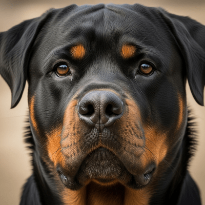 Close-up photograph of the face of a Rottweiler