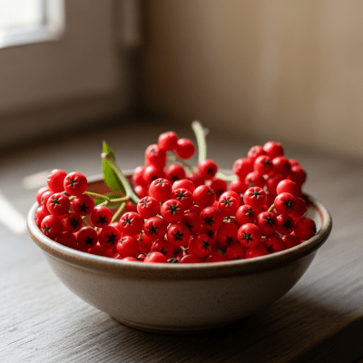 A high resolution image of several fresh Rowan Berrys arranged in a simple bowl, representing their use within the taxonomy berries