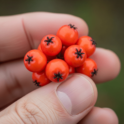 A factual photograph of a hand holding a ripe Rowan Berry, illustrating its size and appearance for the taxonomy berries