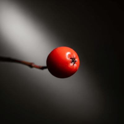 An editorial-quality hero shot of a single Rowan Berry from the taxonomy berries.