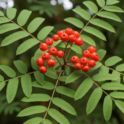 A naturalistic photograph of a Rowan Berry growing on its plant in its typical environment, representing the taxonomy berries