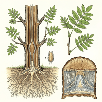 Detailed botanical illustration of the internal structure of a Rowan