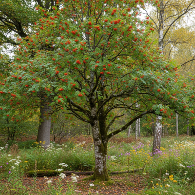 A realistic depiction of a mature Rowan (trees) in its typical natural environment