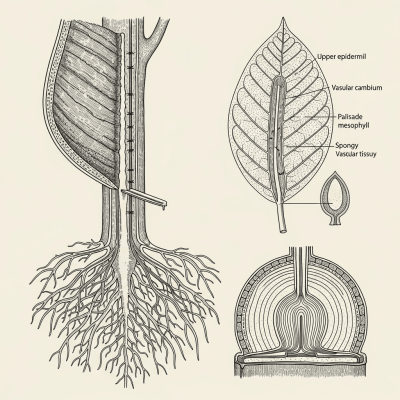 Detailed botanical illustration of the internal structure of a Rubber Tree