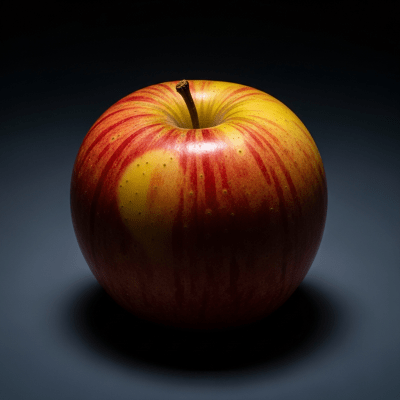 Editorial-style image of a single Rubinette from the taxonomy apples, dramatically lit against a dark gradient background to highlight color and texture.